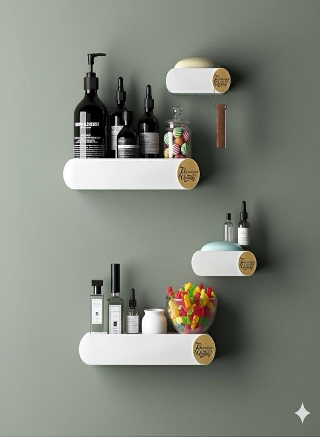 OSLEN Pack of 4 Bathroom Shelf for Wall, Self-Adhesive Bathroom Organiser Wall Mounted Shelf Storage Racks Bathroom Ideal Bathroom Accessories (2 Bathroom Shelves+ 2 Shop Dish White) - Image 1